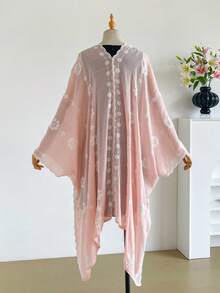 1件極簡優雅花卉圖案波希米亞風刺繡開襟披肩女款和服式圍裙，春夏外穿沙龍，海灘度假防曬抗UV，刺繡開襟衫，時尚百搭奢華裝飾，適合日常穿著，送禮首選 - 粉色 - 查看 3