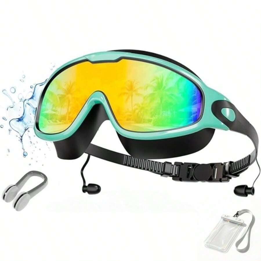 Swimming Goggles With Waterproof Phone Pouch & Nose Clip, Clear Wide Vision Swim Goggles Anti-Fog Leakproof For Youth Adults, Professional Pool Ocean Water Sports - Mint Green / Gold Mirrored - View 1