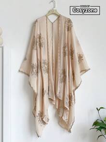 1 buah Kimono/Sarong Selendang Bordir Gaya Bohemian Motif Bunga Elegan untuk Wanita, Penutup Pelindung Matahari untuk Liburan Pantai Musim Semi/Panas, Kardigan Dekoratif Mewah Ringan yang Modis dan Serbaguna, Cocok untuk Pemakaian Sehari-hari, Pilihan Hadiah yang Sempurna - Aprikot - View 1