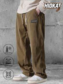 Men's Everyday Corduroy Joggers - Couples Matching Design, Elastic Drawstring Waist Pockets Straight-Leg Pants - Brown - View 1