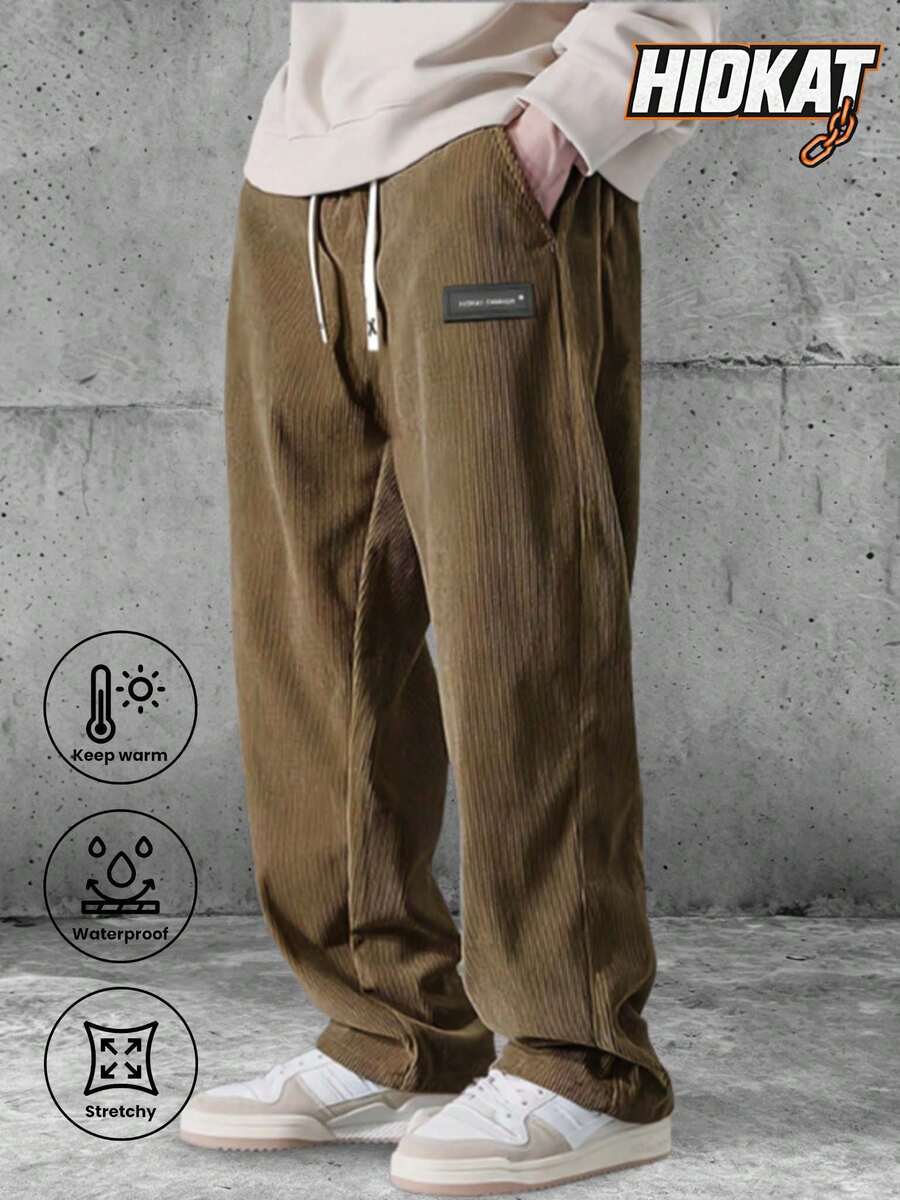 Men's Everyday Corduroy Joggers - Couples Matching Design, Elastic Drawstring Waist Pockets Straight-Leg Pants - Brown - View 1