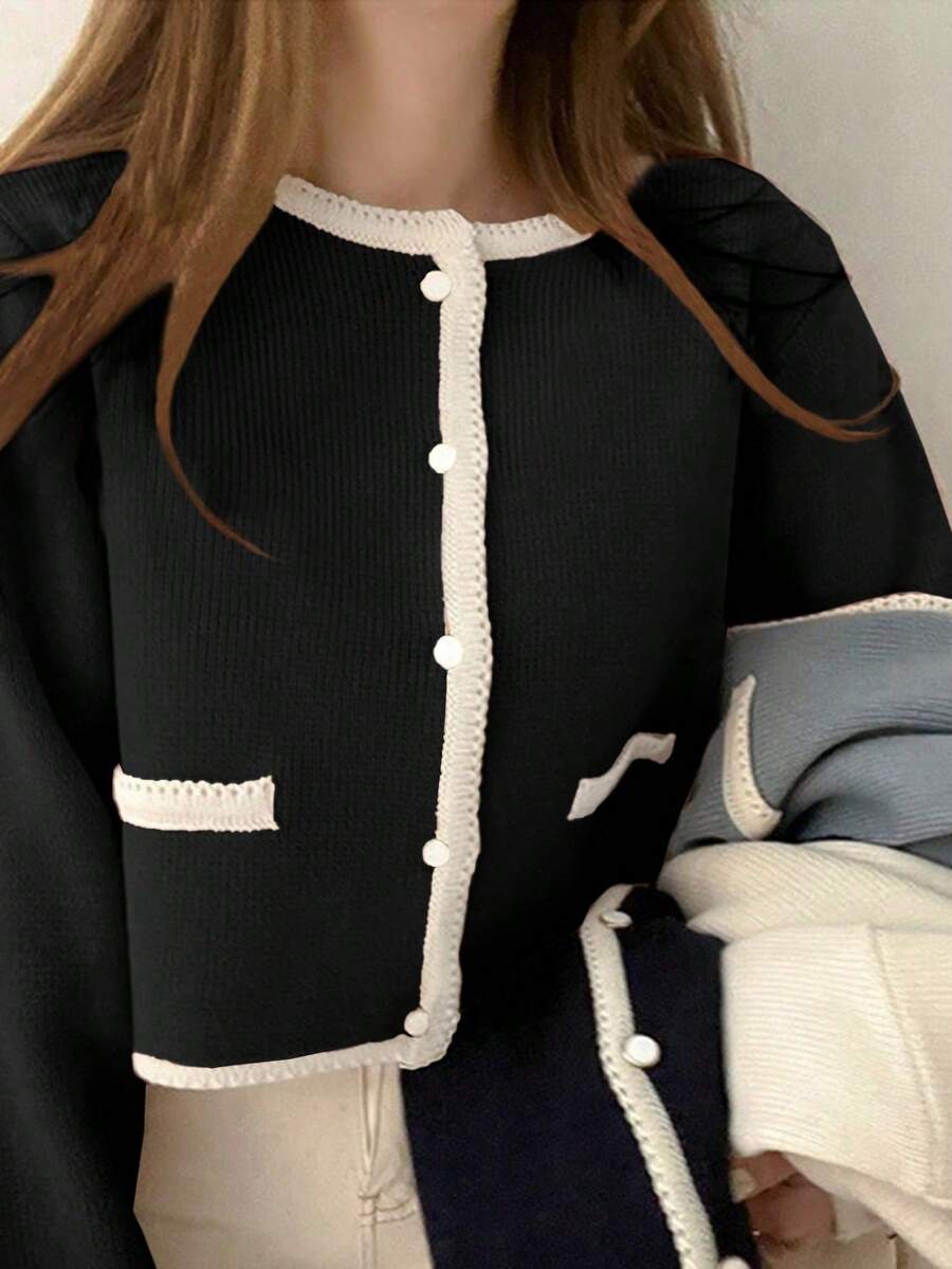 Cárdigan casual de ajuste ceñido con cuello redondo y manga larga, con empalme de color contrastante, para otoño, ropa de mujer de temporada - Negro - Ver 1