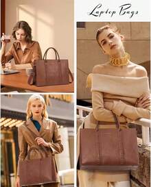 Bolsas de Mujer para Laptop 15.6 Pulgadas Impermeable Bolsa Trensada Tote Grande Maletín de Negocios Bolsa de Mano - Marrón - Ver 4