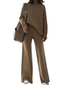 AOHITE Mujeres Adultas Conjunto de Ropa Casual Beige: Camiseta de Manga Larga con Cuello Redondo y Pantalones Anchos - Caqui - Ver 1