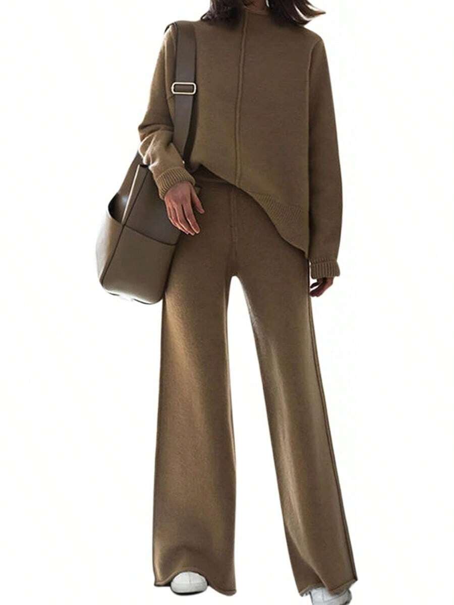 AOHITE Mujeres Adultas Conjunto de Ropa Casual Beige: Camiseta de Manga Larga con Cuello Redondo y Pantalones Anchos - Caqui - Ver 1