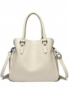 New Fashion Vintage Minimalist Women's Shoulder Tote Bag, Large Capacity Textured Handbag, Elegant Versatile Crossbody Bag - White - View 3