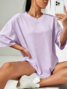 Sundraya Camiseta holgada con hombros caídos unicolor - Lila Púrpura - Ver 1