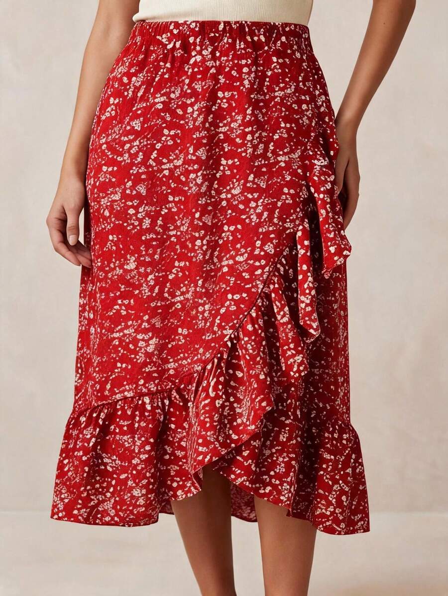 Women's Vacation Floral Patchwork Ruffle Hem Fashionable Skirt - Red - View 1