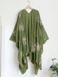 1件優雅設計花卉圖案波希米亞風刺繡開襟披肩女款和服/圍裙，春夏海灘度假防曬罩衫，刺繡開襟衫，時尚百搭輕盈奢華裝飾，適合日常穿著，禮物首選 - 綠色 - 查看 7
