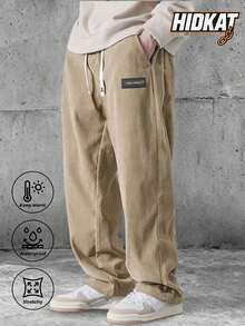 Pantalones casuales de pana para hombre, de otoño, de color liso y con bolsillos con cordón, transpirables y cómodos para el día a día. - Caqui - Ver 1