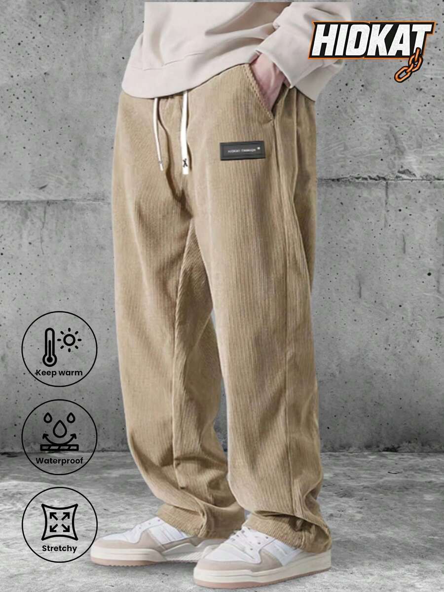 Pantalones casuales de pana para hombre, de otoño, de color liso y con bolsillos con cordón, transpirables y cómodos para el día a día. - Caqui - Ver 1