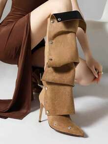 Women's Studded Heavy-Duty Versatile Thin Heel Fashion Buckle Boots - Khaki - View 3