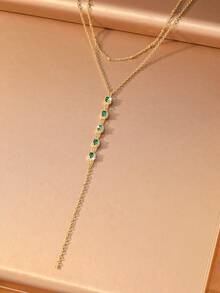 1pc European & American Vintage Double Layer Gold Chain Emerald Zirconia Halo Tassel Y-Shaped Necklace For Women, Date, Evening Party, Luxury Accessory (Positioning Bead/Random Quantity) - Necklace - View 2