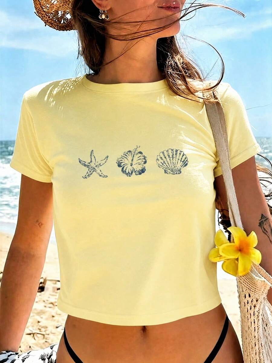 Summer Mother's Day New Fashionable Versatile Casual Shell & Starfish Beach Print Round Neck Short Sleeve T-Shirt For Women Vacation - Yellow - View 1