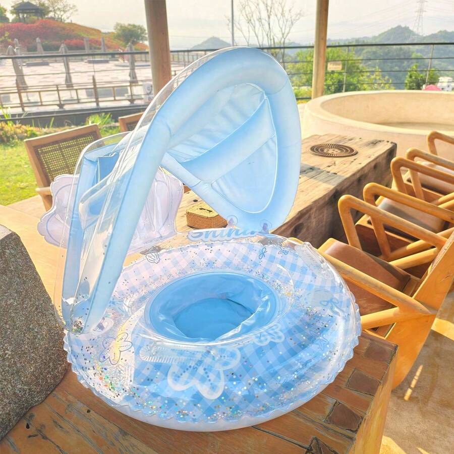 嬰兒游泳浮圈附可拆卸遮陽篷,嬰兒游泳練習器,幼兒充氣游泳浮圈,水上玩具,嬰兒游泳圈,兒童沙灘玩具,夏季必備 - 藍色 - 查看 1