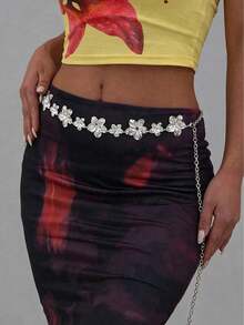 1pc Vintage Exaggerated Asymmetrical Floral Body Chain, Metal Carved Waist Chain, Beach Vacation Party Jewelry Body Accessory - Multicolor - View 12