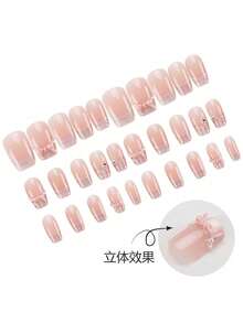 10pcs Square Wearable Nails Short/3D Bow Pearl Flower Rhinestone French Sweet Style Perfect Fit Acrylic False Nails Suitable For Women Autumn/Winter Daily Commute - 彩色 - 查看 2