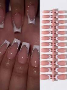 Long Rectangular White French Glitter Design Nail Art Set, Perfect Fit For Fake Nails, Suitable For Women's Party, Ball And Daily Casual Wear - 白色 - 查看 1
