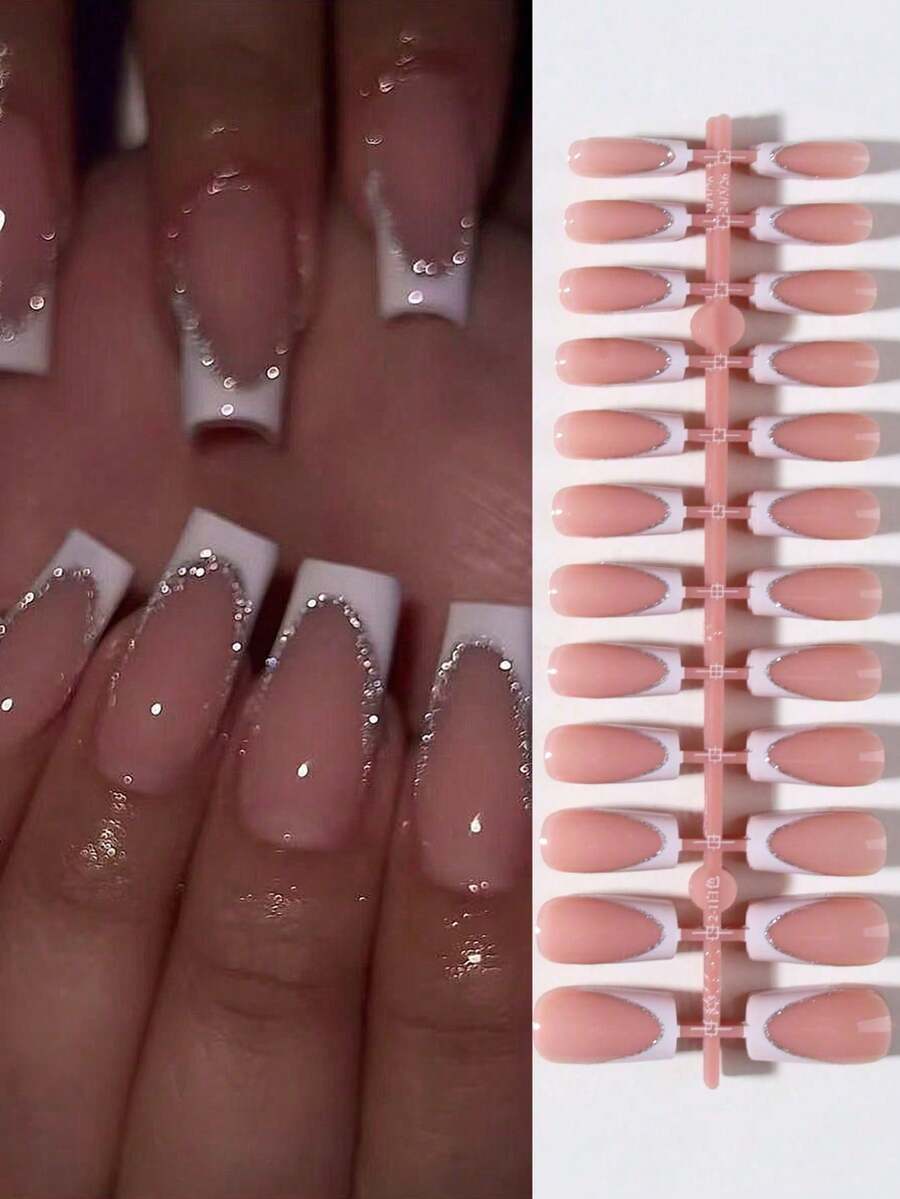 Long Rectangular White French Glitter Design Nail Art Set, Perfect Fit For Fake Nails, Suitable For Women's Party, Ball And Daily Casual Wear - 白色 - 查看 1