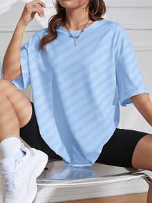 Camiseta Holgada Con Cuello Redondo Y Hombros Caídos De Color Sólido - Celeste - Ver 1