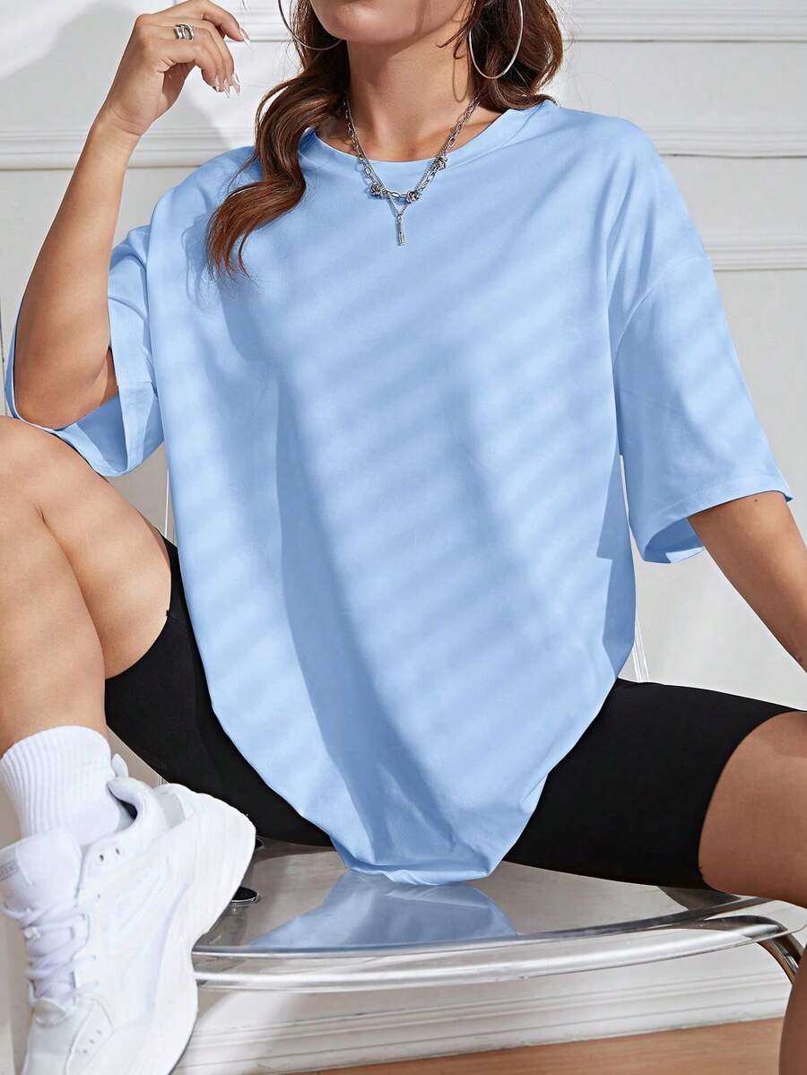 Camiseta Holgada Con Cuello Redondo Y Hombros Caídos De Color Sólido - Celeste - Ver 1