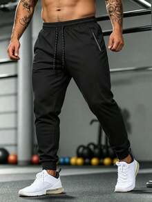 Men's Plus Size Thin Summer Jogger Pants, Casual Jogging Long Pants With Drawstring Elastic Waist, Pockets And Zipper Design - Black - View 1