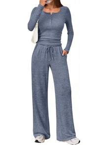 Trendy Queen - Conjunto de 2 piezas a juego para mujer, trajes de otoño a la moda, cuello henley, suéter de pierna ancha, pantalones de chándal - Marrón - Ver 9