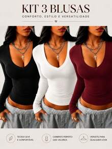 Women's V-Neck Shaping Blouse - Slim Fit, Second Skin Style, Versatile, Elegant, Casual, And - 黑白葡萄酒 - 查看 1