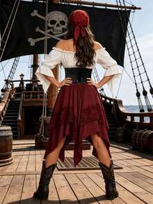 Medieval Women's Large Hem Halloween Renaissance Contrast Lace Dress Asymmetrical Pointed Fairy Pirate Costume Women's Pirate Outfit Halloween Fall - Burgundy - View 6