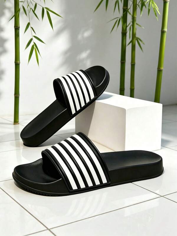 1 Pair Black & White Striped Classic Slide Sandals, Soft Sole, Bouncy, Lightweight, Breathable, Suitable For Indoor, Outdoor, Beach, Seaside And Daily Wear