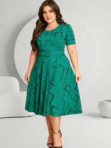 Midi Dress With Flared Skirt, Belt, And Geometric Print. - Green Flag - View 8