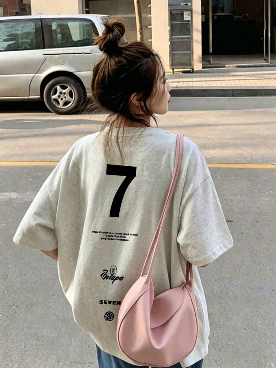 Women's Fashion Loose Fit Round Neck Casual Letter Print Short Sleeve T-Shirt, Summer - Light Gray - View 1