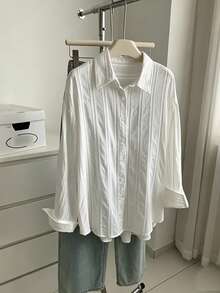 Women's White Knit Long Sleeve Shirt, Vertical Striped Blouse, Spring/Summer Casual Long Sleeve Sun Protection Top Jacket - White - View 12