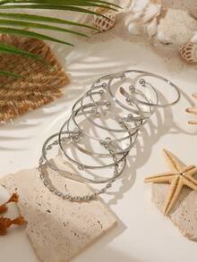 8pcs Minimalist Gold Women's Open Bangle Bracelet Set, Vintage Stackable Twisted Rope Engraved Rhinestone Bracelets, Everyday Layering Jewelry Gift - 8pcs/set - View 6