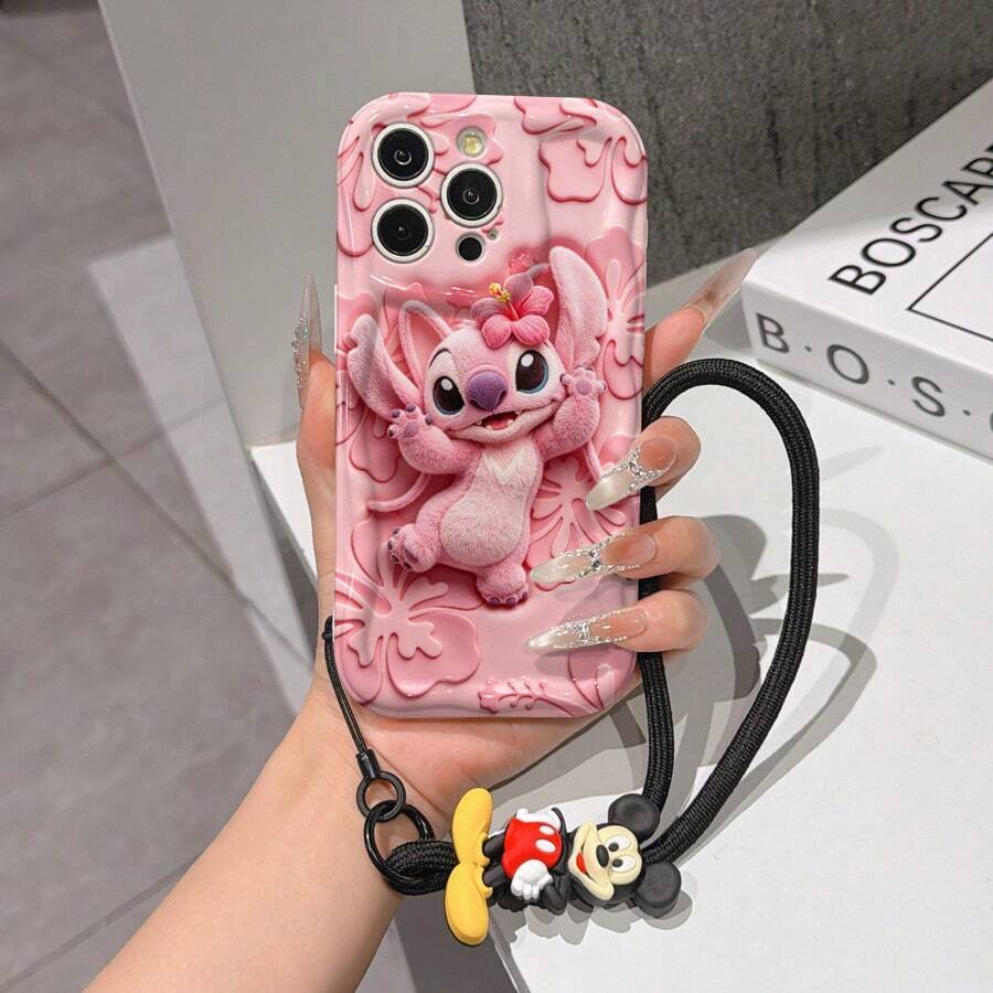 Disney Lilo And Stitch Phone Case : 3D Fluffy Pattern Border Protector Phone Soft Phone Case With A Free Cute Stitch Bracelet Chain Lanyard, Stitch, Lilo, Angel, For Apple 17 Promax 17 Pro 16 15 14 13 12 11 Pro Max XS Max X XR Soft Cover Summer Phone Case - White - View 1