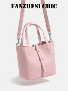 Fashion Solid Color Litchi Texture PU Mini Handbag, Dual Short Handles And Adjustable Detachable Crossbody Strap, Front Buckle Detail, Small Bucket Bag, Suitable For Young Girls And Sweet Style Lovers, Perfect For Coffee Dates, Weekend Shopping, City Walks And Daily Outings. - Pink - View 3