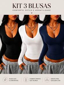 Women's V-Neck Shaping Blouse - Slim Fit, Second Skin Style, Versatile, Elegant, Casual, And - 黑白藏青色 - 查看 1