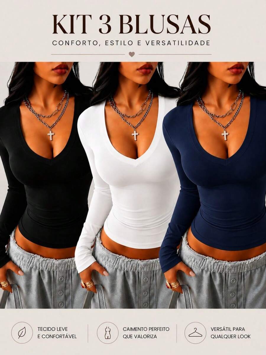 Women's V-Neck Shaping Blouse - Slim Fit, Second Skin Style, Versatile, Elegant, Casual, And - 黑白藏青色 - 查看 1