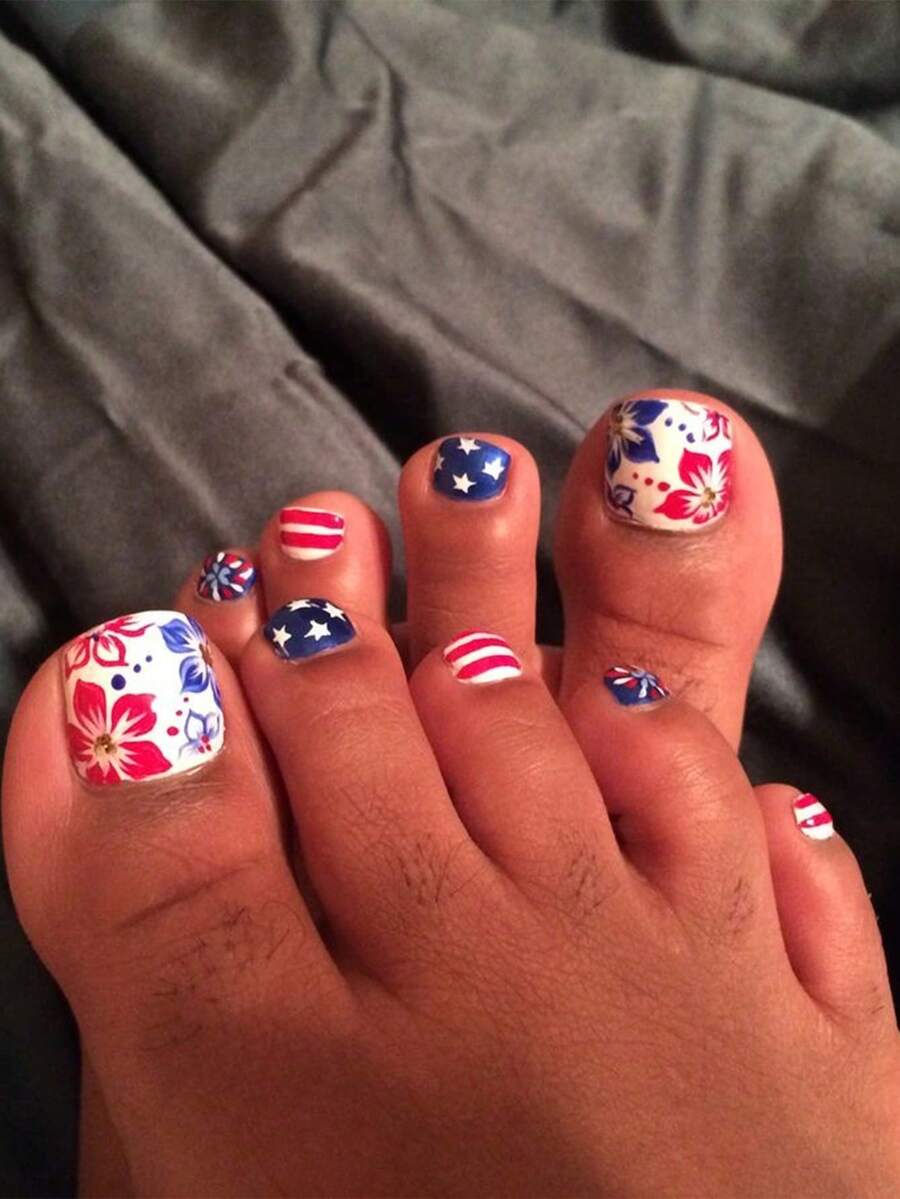 12 piezas de pegatinas de uñas de los pies de colores en relieve, incluye patrones de estrellas y flores, pegatinas de uñas de los pies de acrílico de colores en relieve estilo francés, adecuadas para uñas del Día de la Independencia - Multicolor - Ver 1
