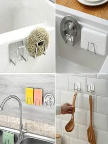 1/3 Piecesstainless Steel Kitchen Sink Sponge Rack, Drain Rack, Wall-Mounted Storage Rack Hook, No-Drill Kitchen Storage Rack, Sponge And Washbasin Bracket, Easy To Install, Space-Saving, Practical Hooks, Kitchen Accessories, Christmas Gift. - Multicolor - View 6
