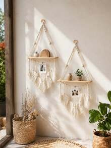 1Pc/2pcs Handwoven Leaf Wall Hanging Shelves,Boho Home & Bath Decor,Bedroom & Living Room Wood Wall Shelves,Elegant Wall Shelf For Terrace,Easy Install, All Seasons,Halloween & Christmas Gift-For Bathrooms,Bedroom,Living Roomsthe - Beige - View 3