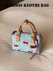 Cherry Embroidered Fabric Tote Bag With Soft Fabric Material And Durable PU Trim, 3D Cherry Embroidery With Matching Pendant For Sweet Atmosphere, Metal Hooks On Both Sides For Detachable Long Shoulder Strap, Suitable For Young Women, Teachers, Casual Shopping And Short Trips - Brown - View 1