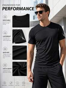 Men's Summer Outdoor Solid Color Minimalist Sports T-Shirt, Lightning Print, Breathable And Comfortable Fabric, Suitable For Running, Fitness, Outdoor Activities And Daily Wear - Black - View 3