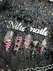 10pcs Handmade Fully Covered Stiletto Nails Press On Nails, Pink Nails,Sweet Spicy Gothic ,Reusable False Press On Nails With Jelly Glue And Nail File,Suitable For Music Festival,Birthday Party,Punk Street Outfit,Girly Daily Styling - Pink - View 7