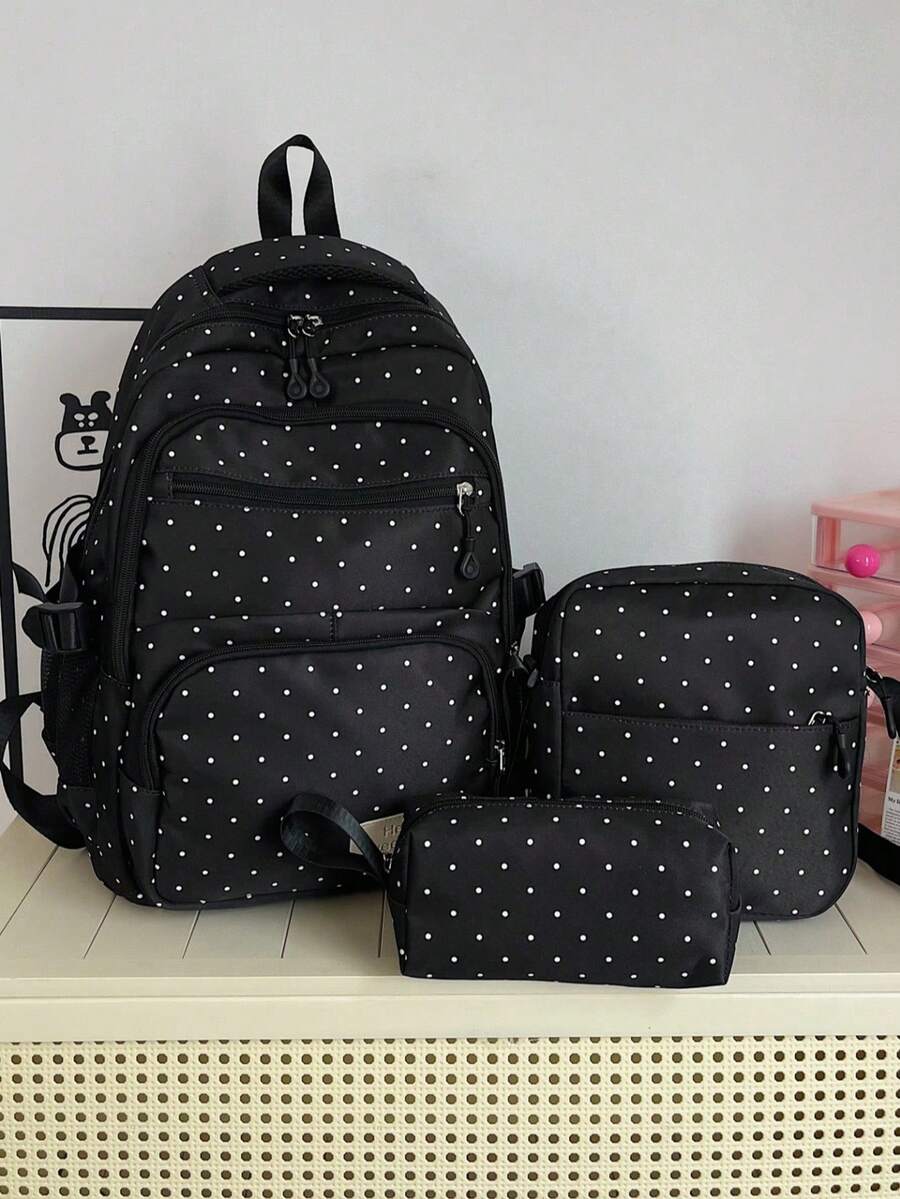Set Of 3 Nylon Bow Print Backpacks, Large Capacity Foldable Backpack With Multiple Pockets And Waterproof Zipper, Suitable For Teenagers, High School Students - Negro 2 - View 1