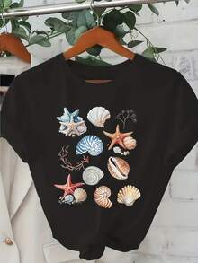 Women's Summer Beach T-Shirt With Tropical Sea Star Shell Coral Reef Print Light Beige Casual Crew Neck Blouse Vacation Outfits - Black - View 8