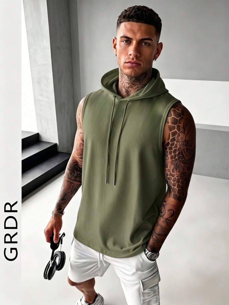 GRDR Men's Summer Hooded Solid Color Tank Top, Casual Sports Style, Fashionable And Minimalist For Summer Sports Outfits