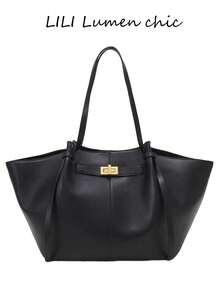 Luxury Black Matte PU Tote Bag, Sleek Trapezoid Large Capacity Shoulder Design With Metal Twist Lock And Dual Drawstring Details, Soft PU Material Lightweight And Resilient, Suitable For Teachers, Young Professionals Daily Commute, Business Commute, Dating And Outings - Black - View 3