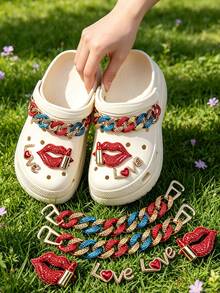 Giày clog đi vườn phong cách nhiệt đới sang trọng, tự trang trí, khóa giày hình môi, phụ kiện dây xích 3D có thể tháo rời. - Đỏ - Xem 1