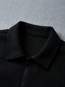 Men's Honeycomb Waffle Texture Minimalist Fashion Lapel Full Zip Long Sleeve Casual Sweatshirt For Daily Wear - Black - View 6
